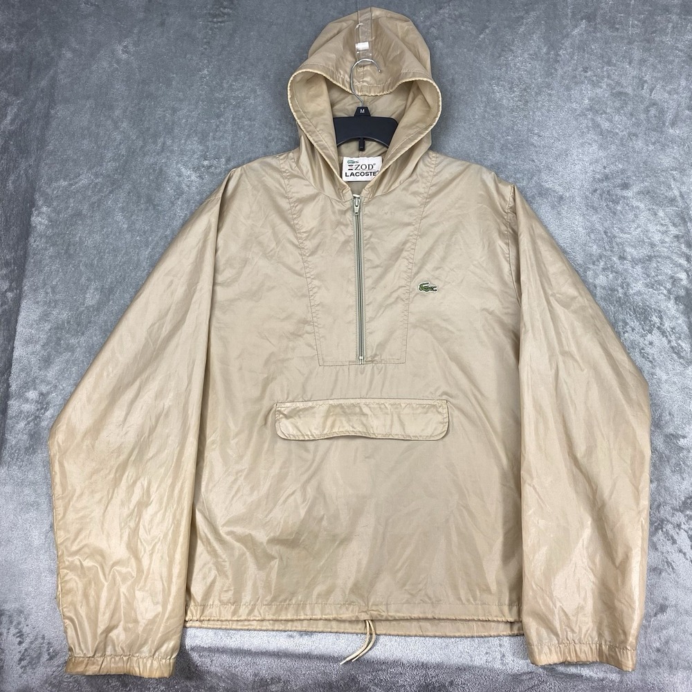Vtg Izod Lacoste Jacket Mens L Tan 1/4 Zip Pullover Lightweight Windbreak Hooded